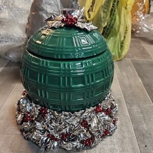 Festive Green Holiday Jar with Silver and Red Accents